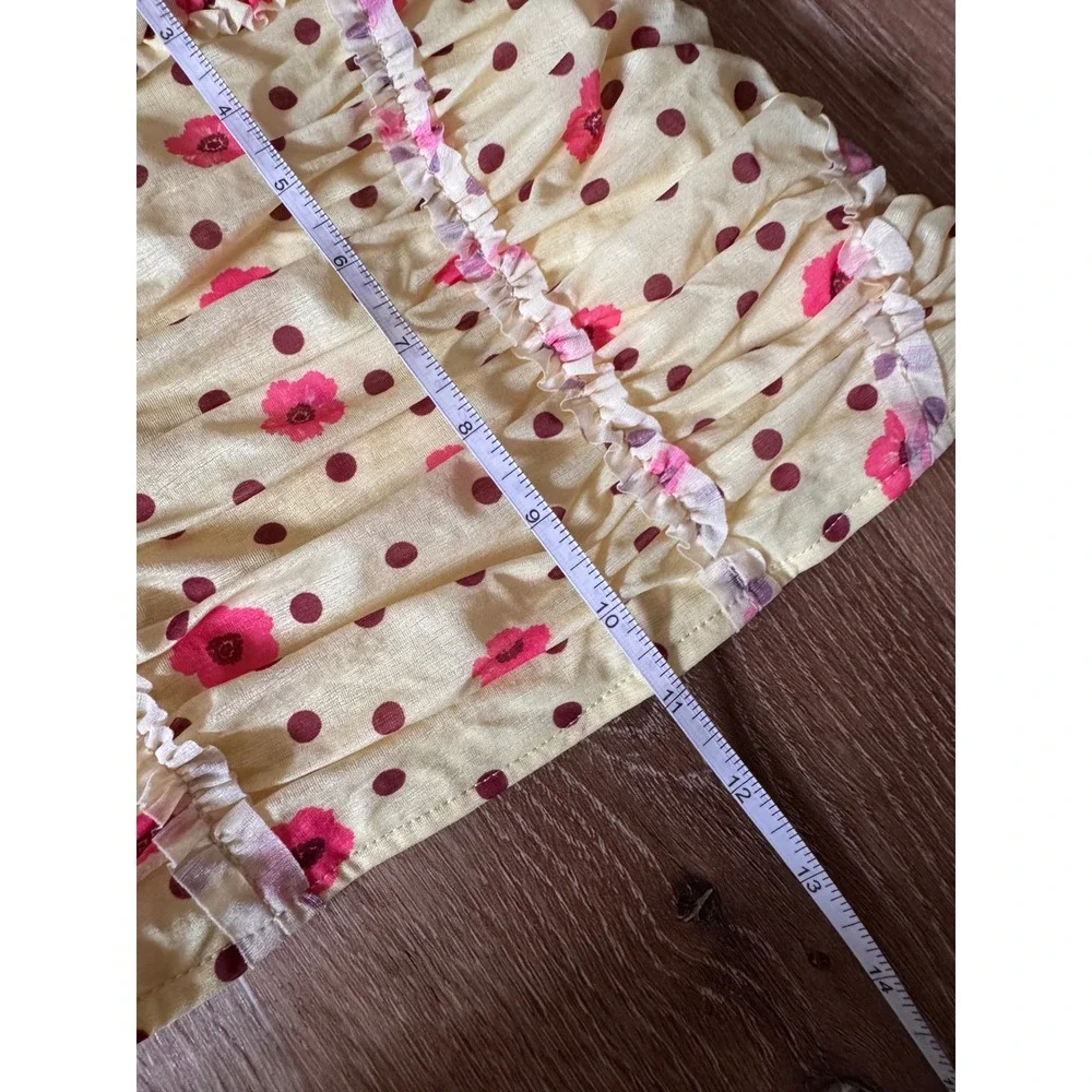 Free People Yellow Brown Pink Floral Polka Dot Ruched Tube Top  Size XS